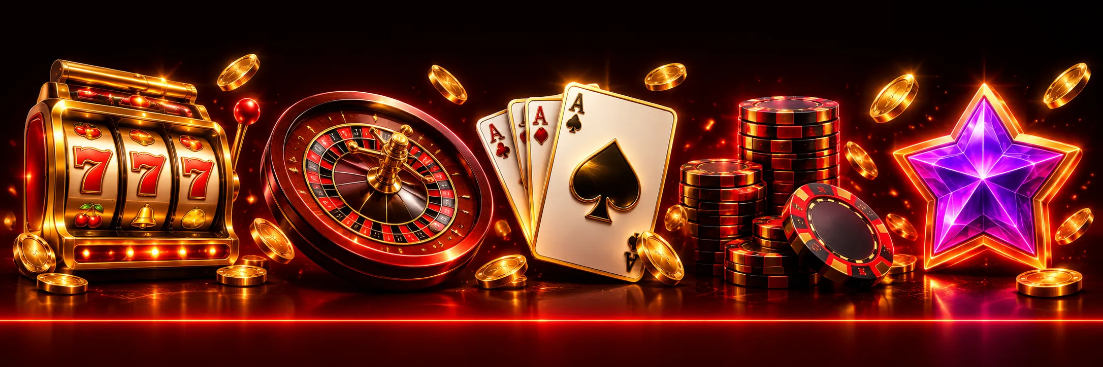 Símbolos de tragaperras, fichas y una ruleta sobre fondo rojo oscuro