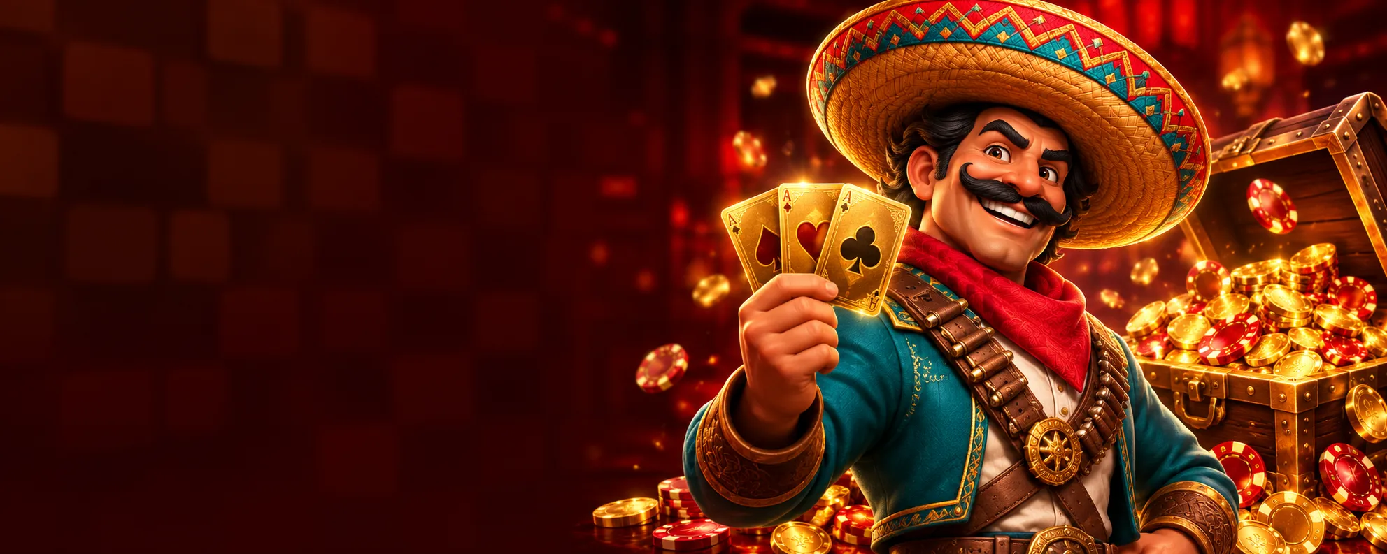 Bandido de dibujos animados con sombrero junto a un cofre de monedas